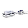 side view of moissanite and blue sapphire shield cut halo pendant necklace in rhodium over sterling silver