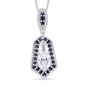 moissanite and blue sapphire shield cut halo pendant necklace in rhodium over sterling silver