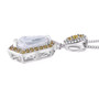 side view of moissanite and yellow sapphire shield cut halo pendant necklace in rhodium over sterling silver