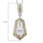 moissanite and yellow sapphire shield cut halo pendant necklace in rhodium over sterling silver shown for size comparison