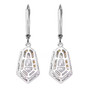 back view of moissanite and yellow sapphire shield cut halo lever back earrings in rhodium over sterling silver