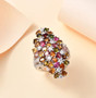 multi color tourmaline and moissanite cluster ring in rhodium over sterling silver shown in a lifestyle photo