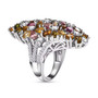 full view of multi color tourmaline and moissanite cluster ring in rhodium over sterling silver