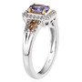 side view of tanzanite brown and white zircon halo ring in 18k yellow gold and rhodium over sterling silver