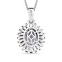 back view of aquamarine and multi color diamond flower blossom halo pendant necklace in rhodium over sterling silver