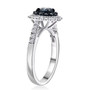 side view of lab grown blue and white diamond halo ring in rhodium over sterling silver