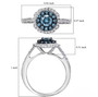 lab grown blue and white diamond halo ring in rhodium over sterling silver shown for size comparison