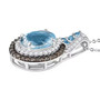 side view of aquamarine champagne and white diamond double halo pendant necklace in rhodium over sterling silver