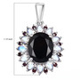 black jade rainbow moonstone and garnet pendant necklace in rhodium over sterling silver shown for size comparison