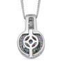 back view of blue and white moissanite interchangeable halo pendant necklace in rhodium over sterling silver