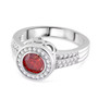 side view of red and white moissanite interchangeable halo ring in rhodium over sterling silver