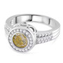 front view of yellow and white moissanite interchangeable halo ring in rhodium over sterling silver
