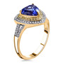 side view of tanzanite yellow and white diamond trillion halo ring in 14k yellow gold