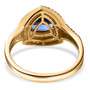 back view of tanzanite yellow and white diamond trillion halo ring in 14k yellow gold