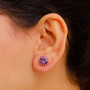 round rose de france amethyst crown stud earrings in 18k rose gold over sterling silver worn on the ear