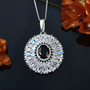 close up of black jade moonstone and zircon flower cluster pendant necklace in rhodium over sterling silver