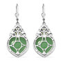 back view of green jade and peridot heart dangle earrings in rhodium over sterling silver