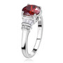 side view of red and white moissanite solitaire ring in rhodium over sterling silver