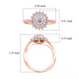 white and pink diamond halo ring in 14k rose and 14k white gold shown for size comparison