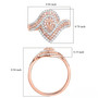 pink and white diamond halo ring in 14k rose gold shown for size comparison