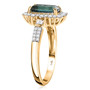 side view of indicolite tourmaline and diamond emerald cut halo ring in 14k yellow gold