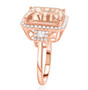 side view of morganite and diamond halo ring in 18k rose gold