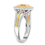 side view of yellow and white diamond halo ring in 950 platinum