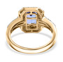 back view of tanzanite yellow and white diamond halo ring in 10k yellow gold