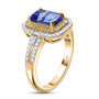 side view of tanzanite yellow and white diamond halo ring in 10k yellow gold