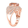 side view of morganite and white zircon ring in 18k rose gold over sterling silver