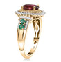 side view of rubellite tourmaline colombian emerald yellow and white diamond ring in 10k yellow gold