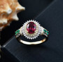 rubellite tourmaline colombian emerald yellow and white diamond ring in 10k yellow gold shown in a lifestyle photo