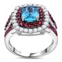 angled view of blue zircon rhodolite garnet and white zircon double halo ring in rhodium over sterling silver