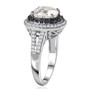 side view of moissanite and blue sapphire double halo rhodium over sterling silver ring