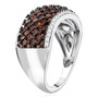 side view of red and white diamond cluster band ring in 10k white gold