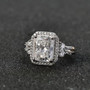 close up of rhodium over sterling silver moissanite halo ring