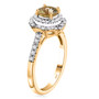 side view of yellow apatite and white zircon 18k yellow gold over sterling silver halo ring