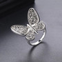 close up of silver druzy quartz butterfly ring in rhodium over sterling silver