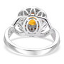 full view of orange sapphire red and white diamond double halo infinity shank ring in solid 14k white gold