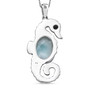 back view of larimar and black spinel seahorse pendant necklace in rhodium over sterling silver