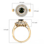 green sapphire and diamond round double halo ring in 14k yellow gold shown for size comparison