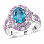 front view of blue apatite pink sapphire and diamond double halo split shank ring in 10k white gold