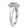 side view of mercury mist topaz and white zircon pear halo ring in rhodium over sterling silver