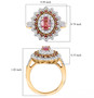 padparadscha sapphire and moissanite triple halo ring in 18k yellow gold over sterling silver shown for size comparison