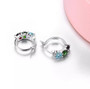 full view of blue topaz chrome diopside and garnet hoop earrings in rhodium over sterling silver