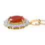 side view of fire opal yellow and white diamond halo pendant necklace in 14k yellow gold