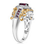 side view of rhodolite garnet and white zircon 18k yellow gold and rhodium over sterling silver two-tone halo ring