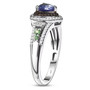 side view of unheated tanzanite tsavorite brown and white zircon trillion halo ring in rhodium over sterling silver