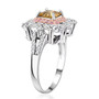 side view of yellow zircon pink sapphire and white zircon double halo ring in 18k rose gold and rhodium over sterling silver