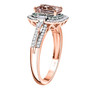 side view of morganite paraiba tourmaline and diamond emerald cut halo ring in 14k rose gold